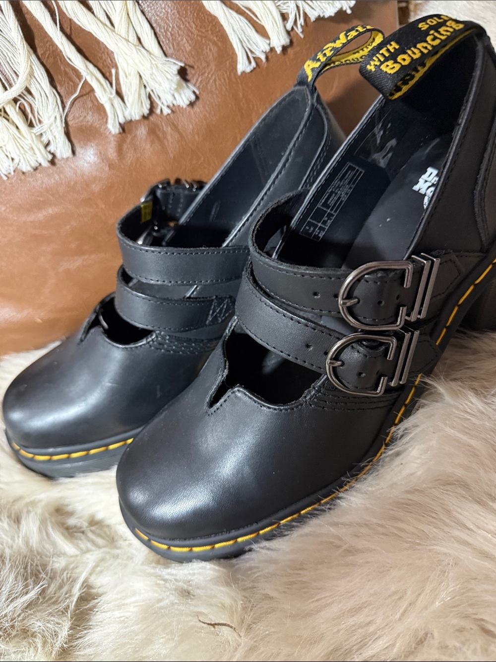 Dr. Martens Women's Black Double-Buckle Mary Jane Shoes with Yellow Stitching